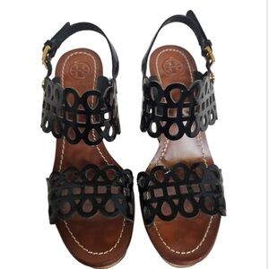 Tory Burch Nori Black Patent Leather Cork Wedge Platform Sandal Size 7 M